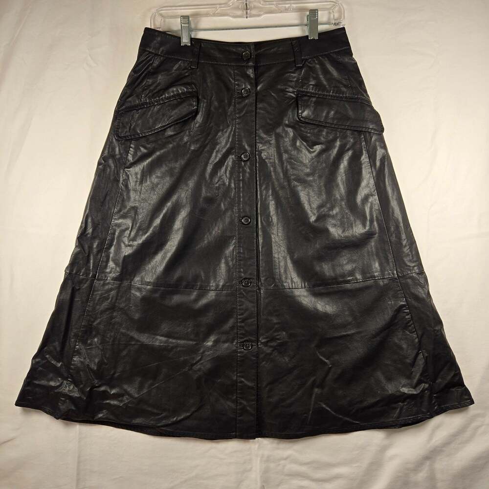 Banana Republic Skirt 4 Black Faux Vegan Leather A-Line Button Front Midi Retro